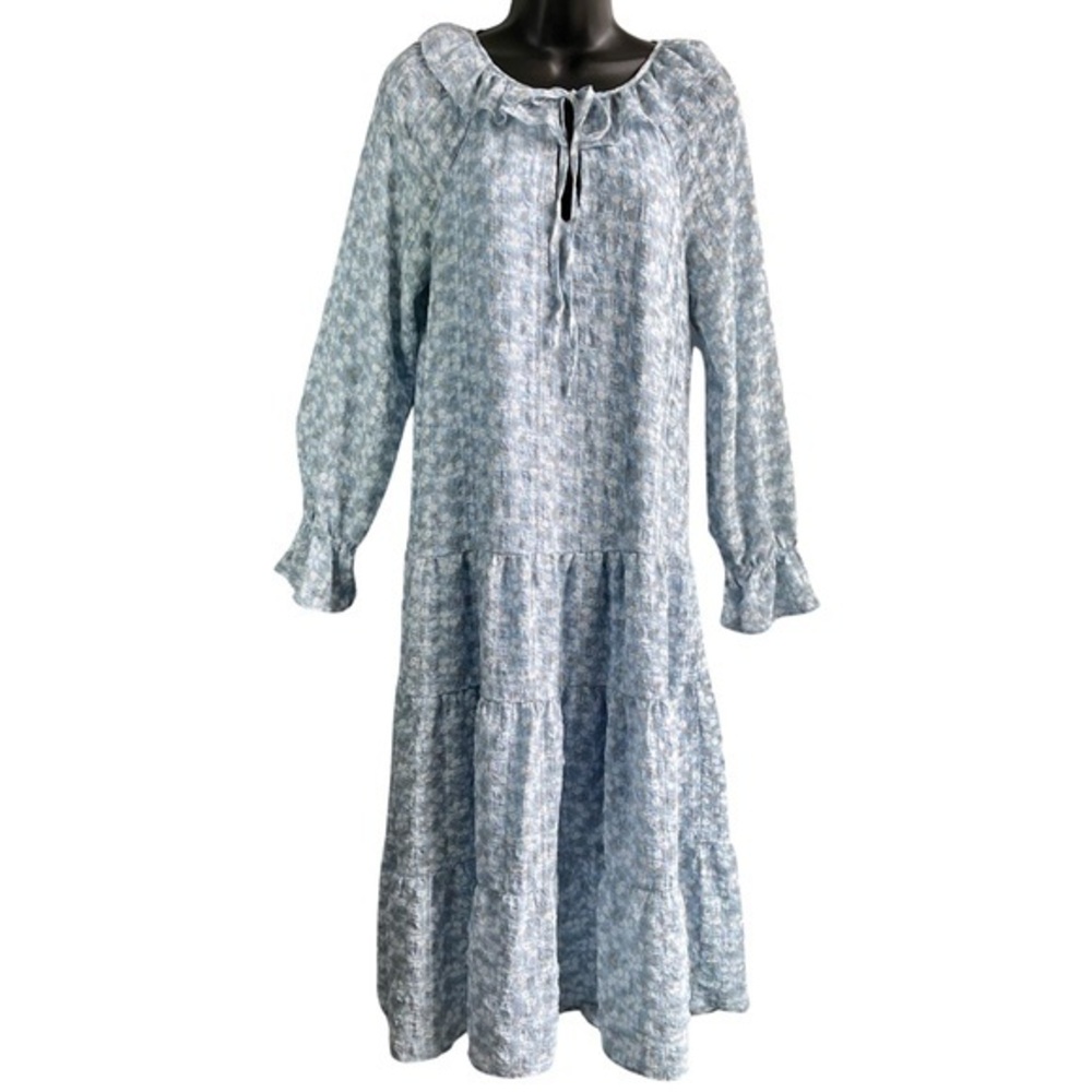 By the River Light Blue, White, Beige Romantic Floral Boho Tiered Midi Dress SzM